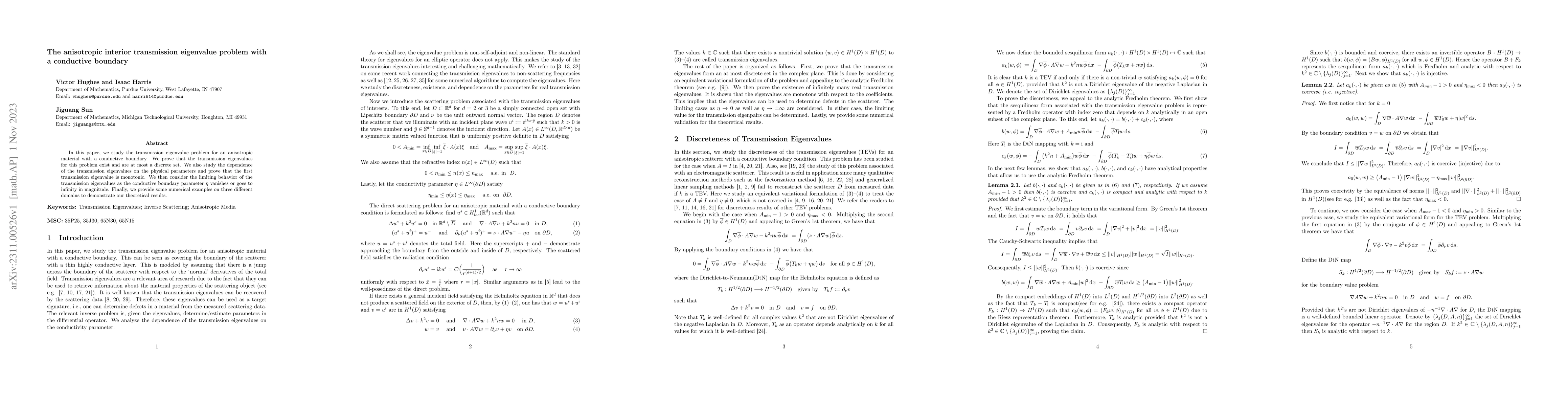 Thumbnail for The anisotropic interior transmission eigenvalue problem with a
  conductive boundary