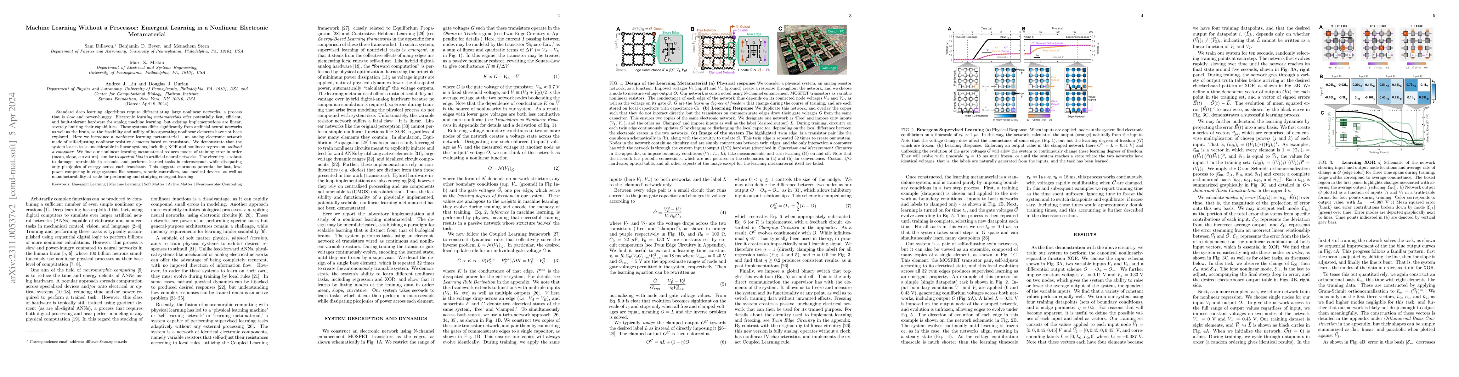 Thumbnail for Machine Learning Without a Processor: Emergent Learning in a Nonlinear
  Electronic Metamaterial
