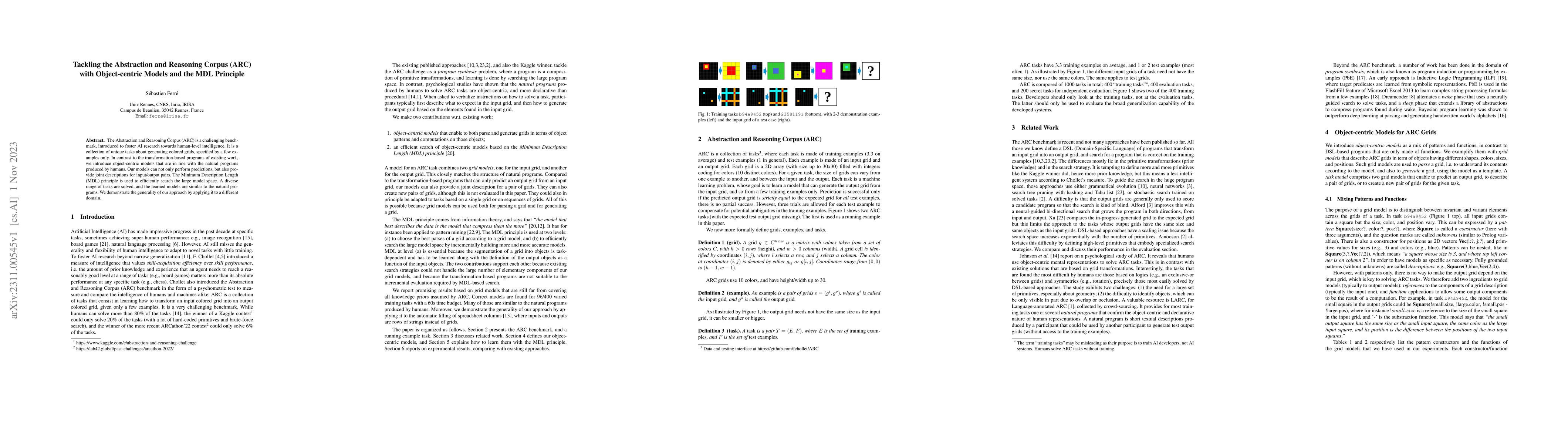 Thumbnail for Tackling the Abstraction and Reasoning Corpus (ARC) with Object-centric
  Models and the MDL Principle