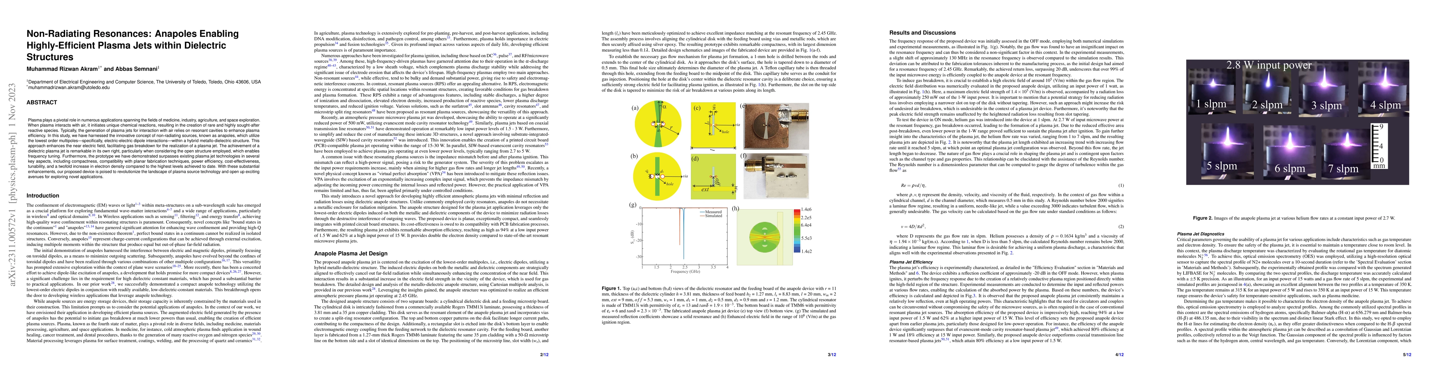 Thumbnail for Non-Radiating Resonances: Anapoles Enabling Highly-Efficient Plasma Jets
  within Dielectric Structures