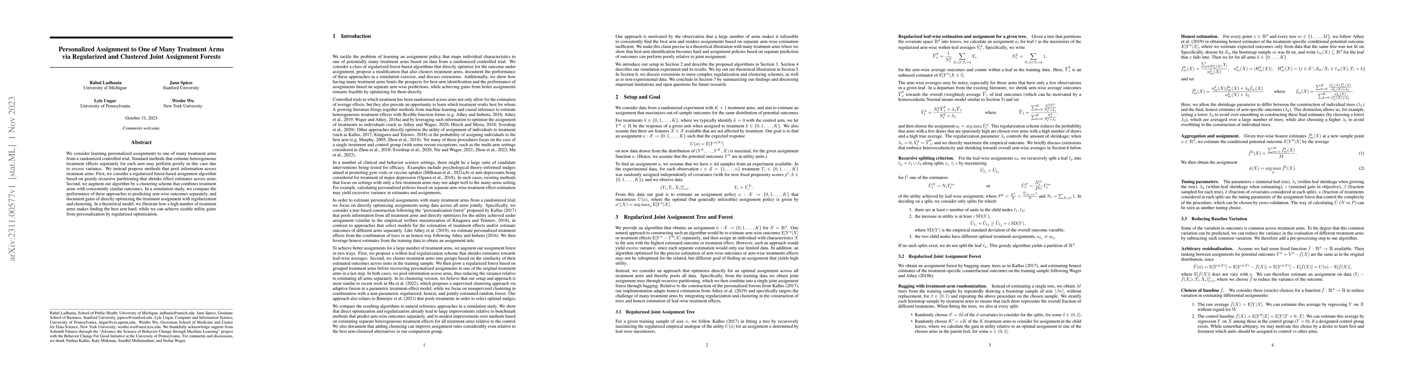Thumbnail for Personalized Assignment to One of Many Treatment Arms via Regularized
  and Clustered Joint Assignment Forests