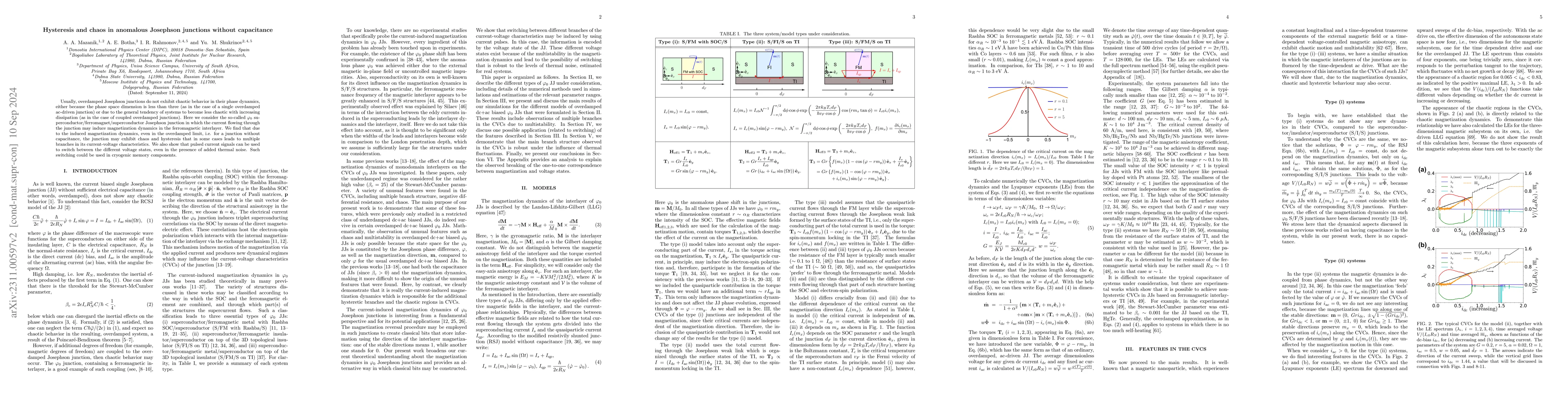 Thumbnail for Hysteresis and chaos in anomalous Josephson junctions without
  capacitance