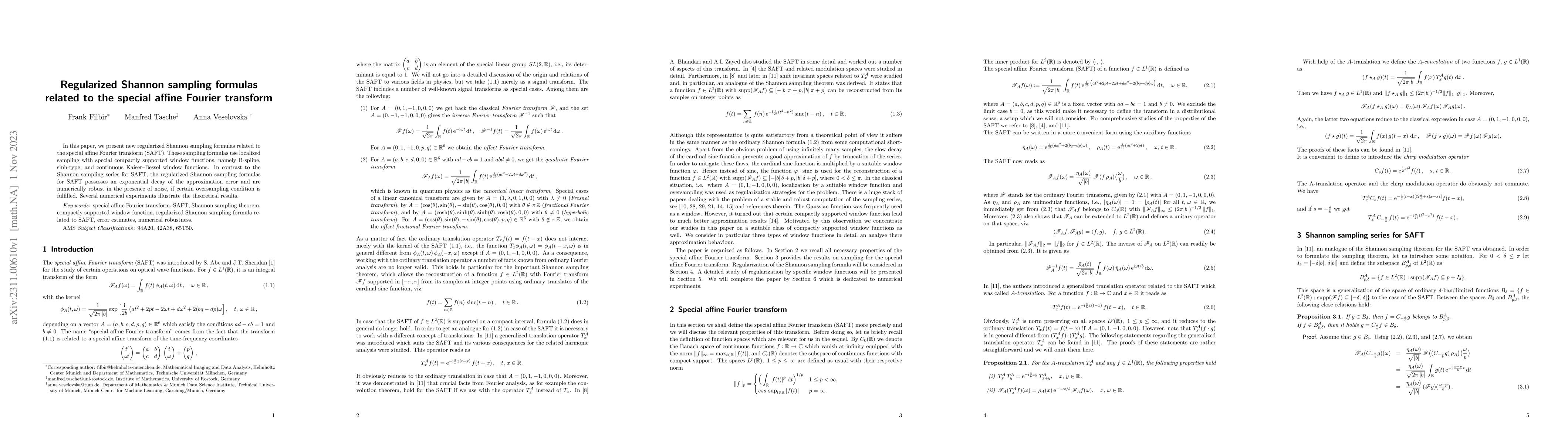 Thumbnail for Regularized Shannon sampling formulas related to the special affine
  Fourier transform