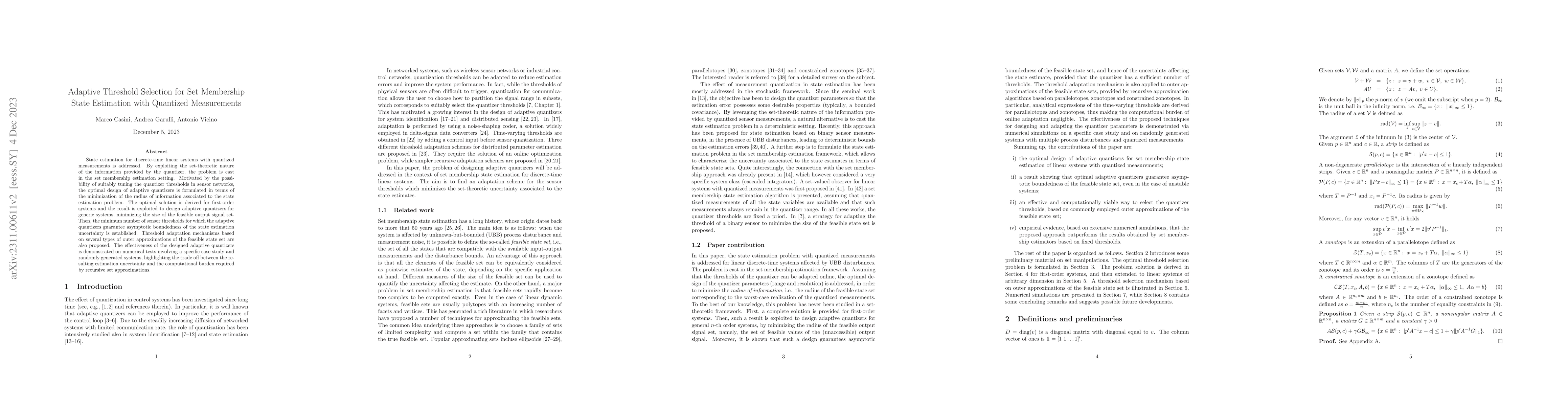 Thumbnail for Adaptive Threshold Selection for Set Membership State Estimation with
  Quantized Measurements
