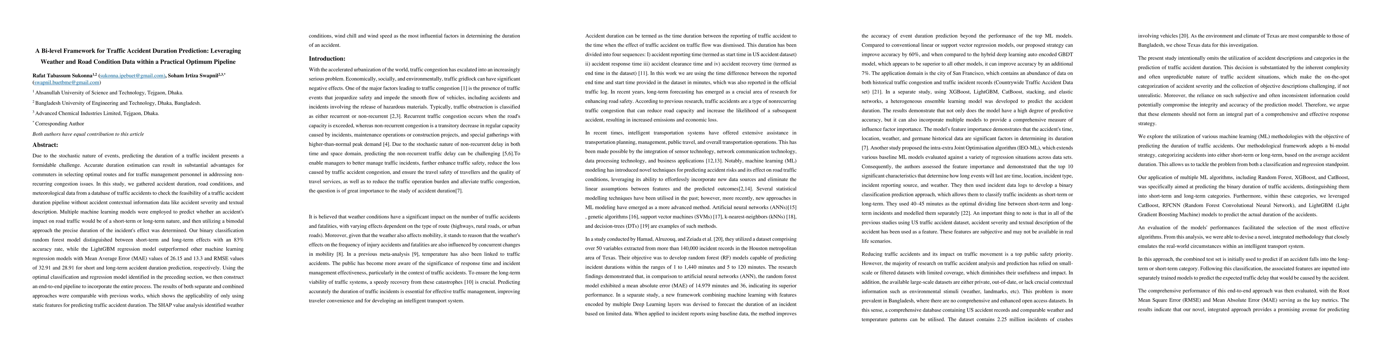 Thumbnail for A Bi-level Framework for Traffic Accident Duration Prediction:
  Leveraging Weather and Road Condition Data within a Practical Optimum
  Pipeline