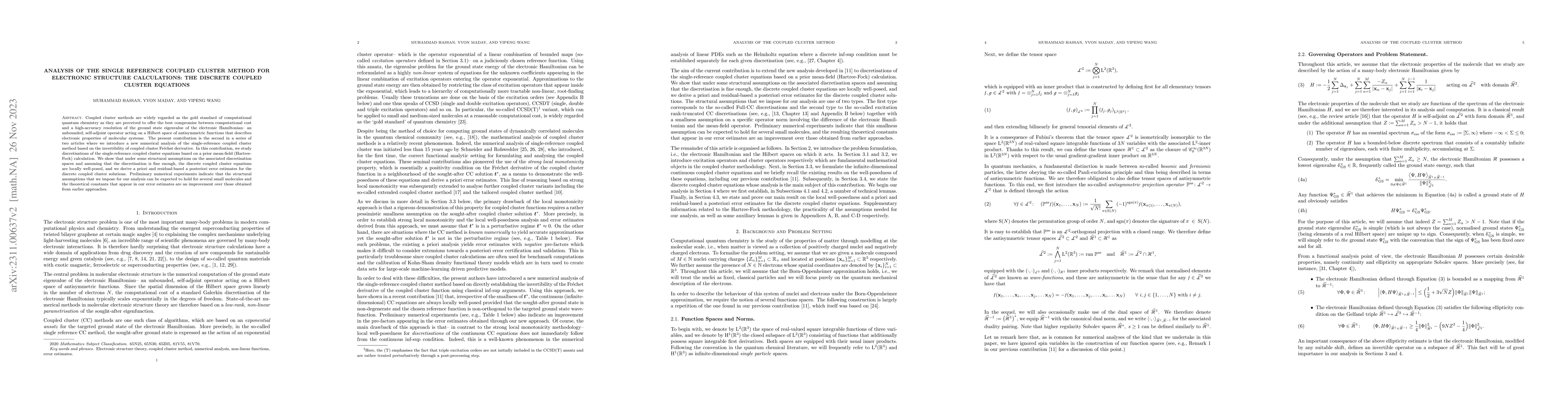 Thumbnail for Analysis of the Single Reference Coupled Cluster Method for Electronic
  Structure Calculations: The Discrete Coupled Cluster Equations
