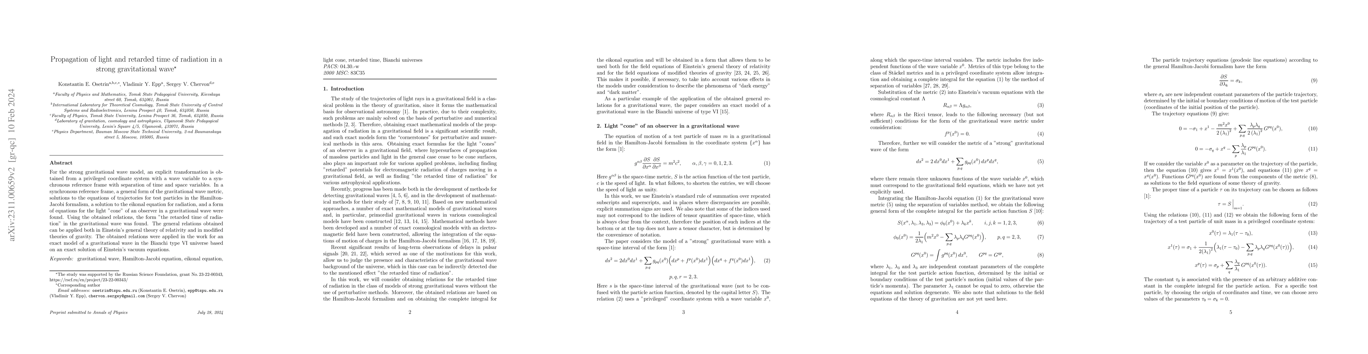 Thumbnail for Propagation of light and retarded time of radiation in a strong
  gravitational wave