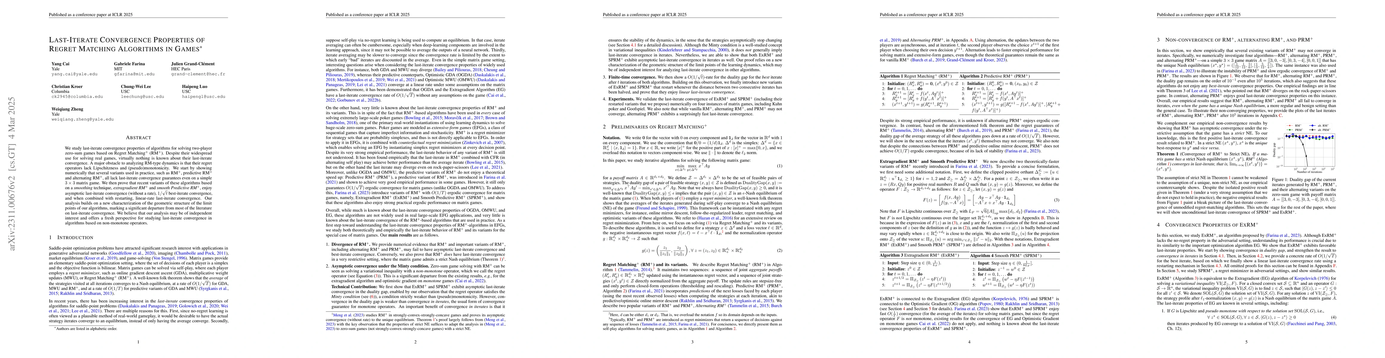 Thumbnail for Last-Iterate Convergence Properties of Regret-Matching Algorithms in
  Games