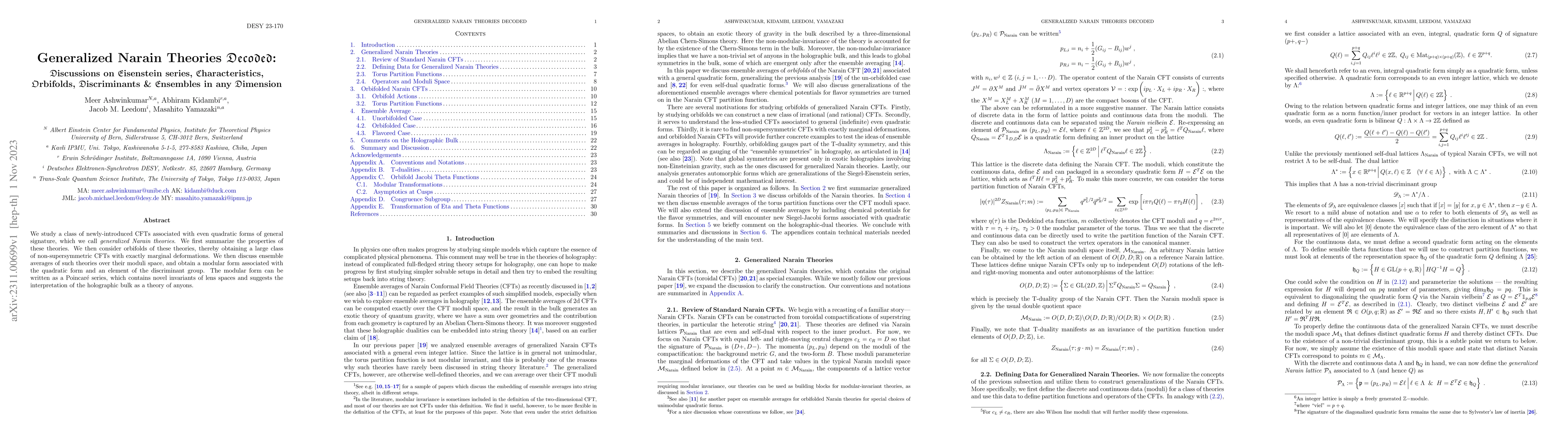 Thumbnail for Generalized Narain Theories Decoded: Discussions on Eisenstein series,
  Characteristics, Orbifolds, Discriminants and Ensembles in any Dimension