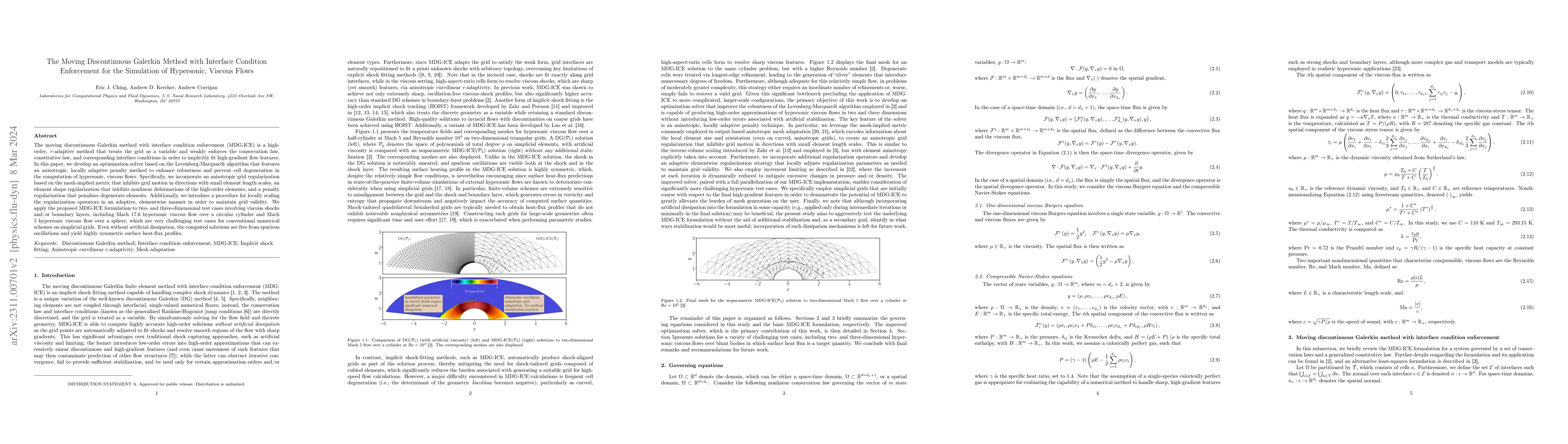 Thumbnail for The Moving Discontinuous Galerkin Method with Interface Condition
  Enforcement for the Simulation of Hypersonic, Viscous Flows