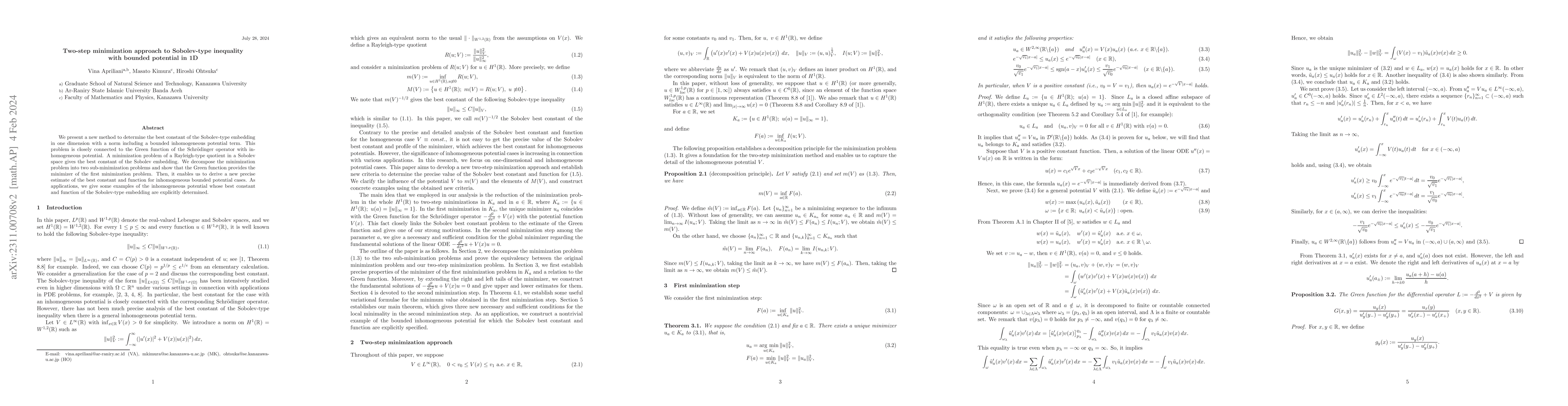 Thumbnail for Two-step minimization approach to Sobolev-type inequality with bounded
  potential in 1D