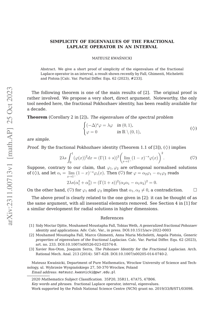 Thumbnail for Simplicity of eigenvalues of the fractional Laplace operator in an
  interval