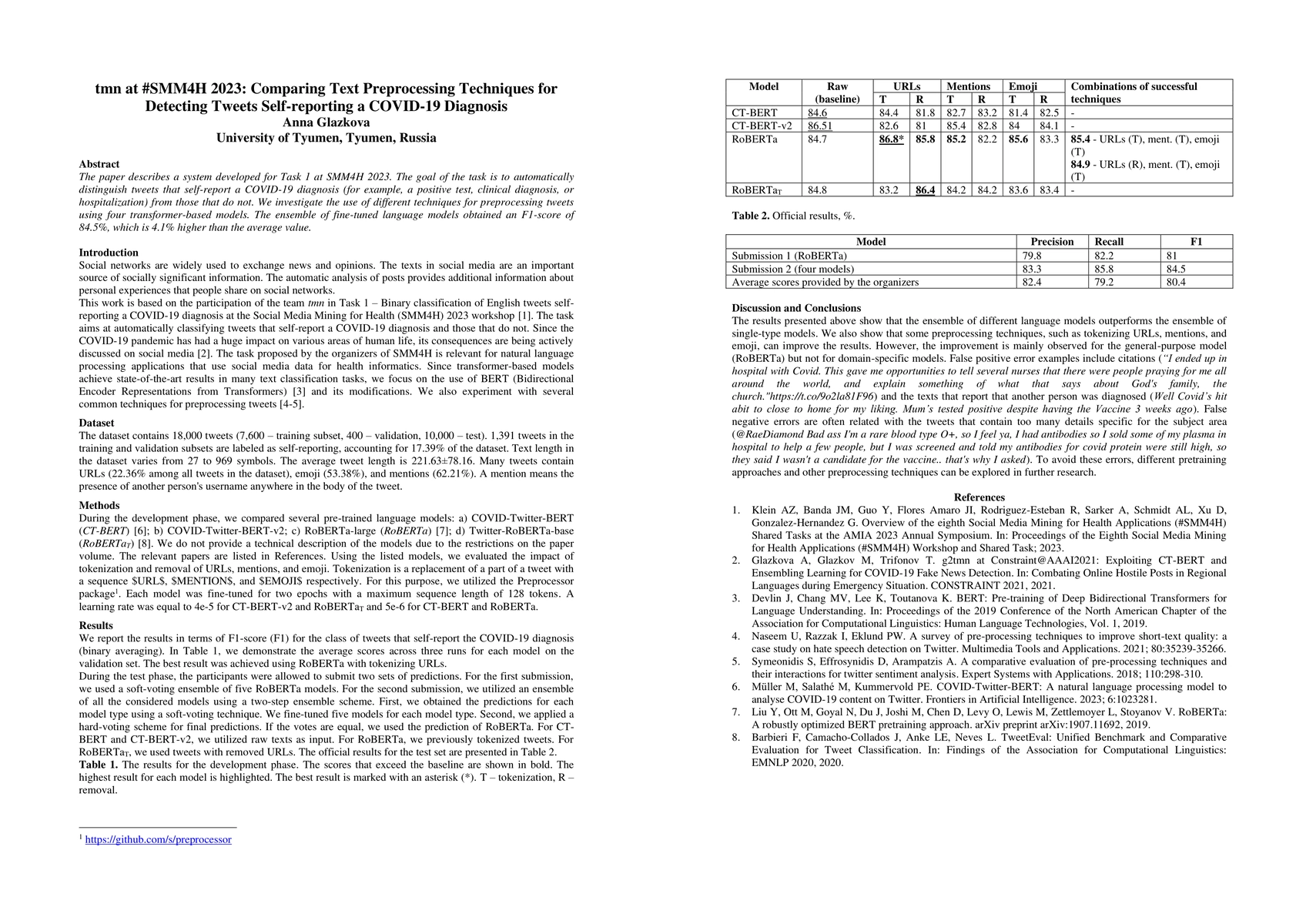 Thumbnail for tmn at #SMM4H 2023: Comparing Text Preprocessing Techniques for
  Detecting Tweets Self-reporting a COVID-19 Diagnosis