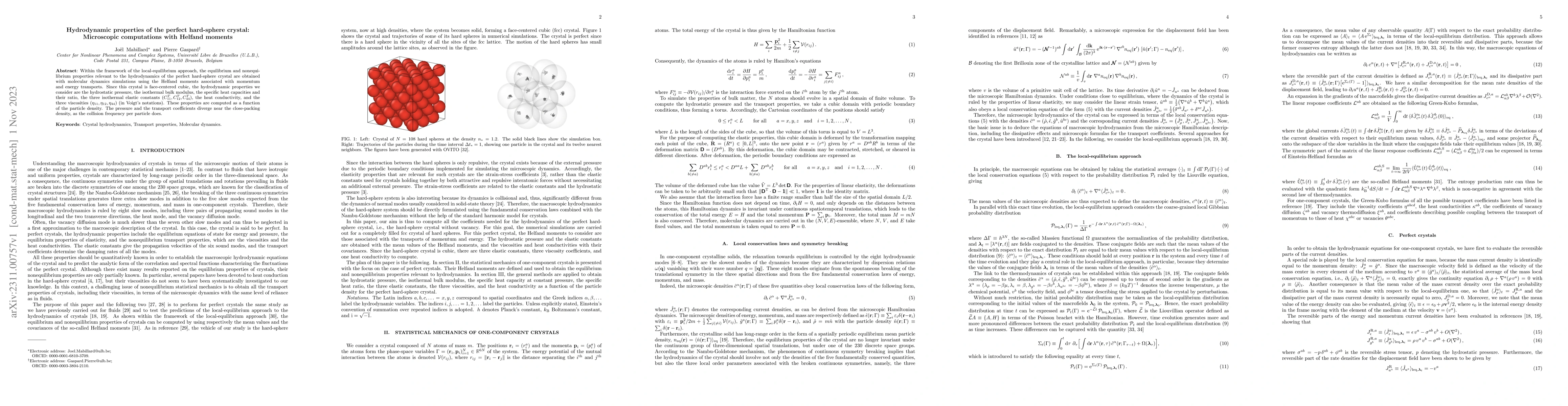 Thumbnail for Hydrodynamic properties of the perfect hard-sphere crystal: Microscopic
  computations with Helfand moments