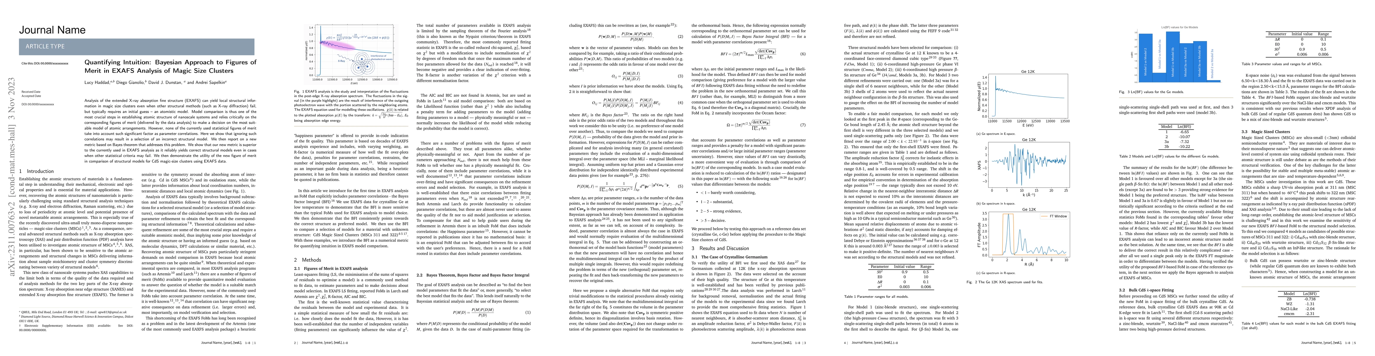 Thumbnail for Quantifying Intuition: Bayesian Approach to Figures of Merit in EXAFS
  Analysis of Magic Size Clusters