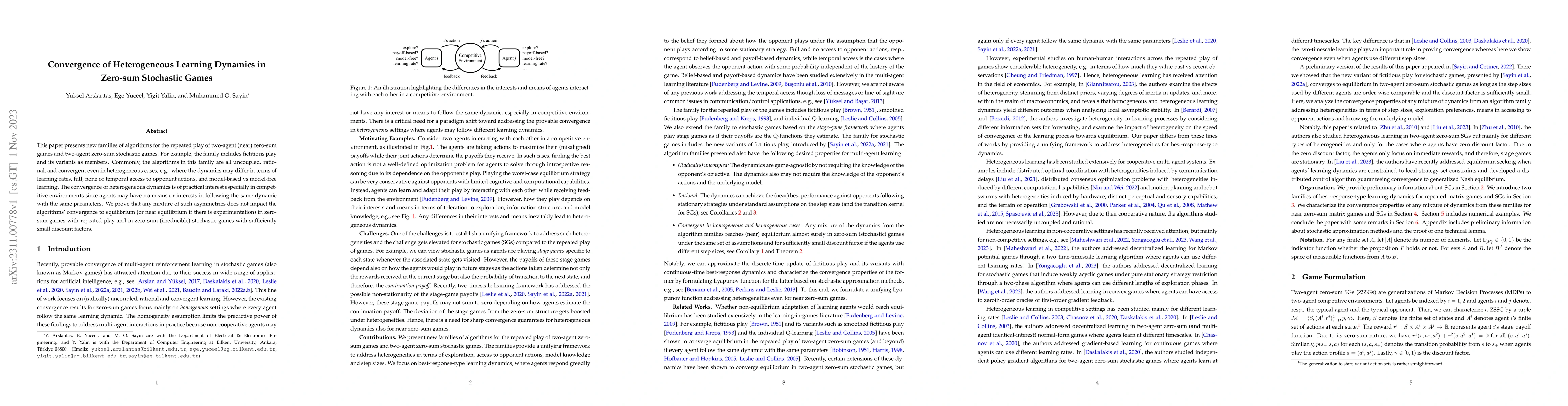 Thumbnail for Convergence of Heterogeneous Learning Dynamics in Zero-sum Stochastic
  Games