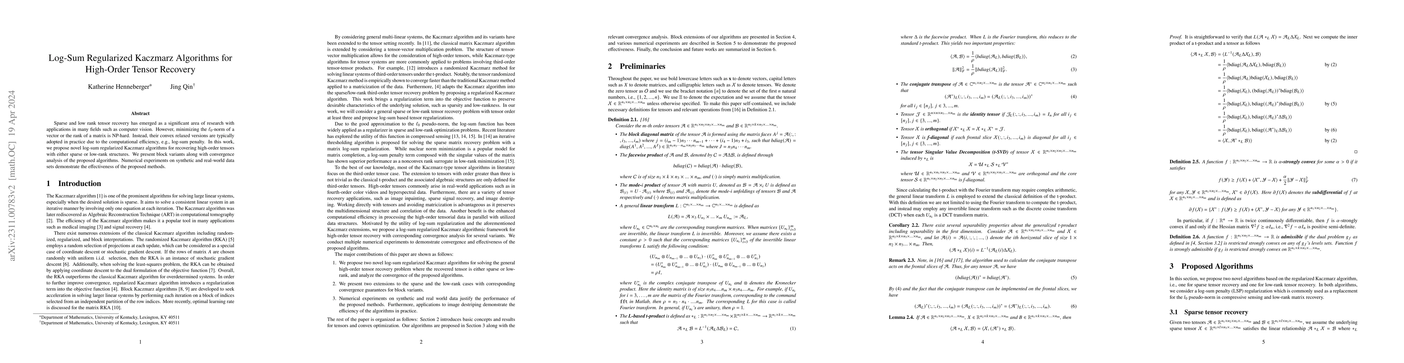 Thumbnail for Log-Sum Regularized Kaczmarz Algorithms for High-Order Tensor Recovery