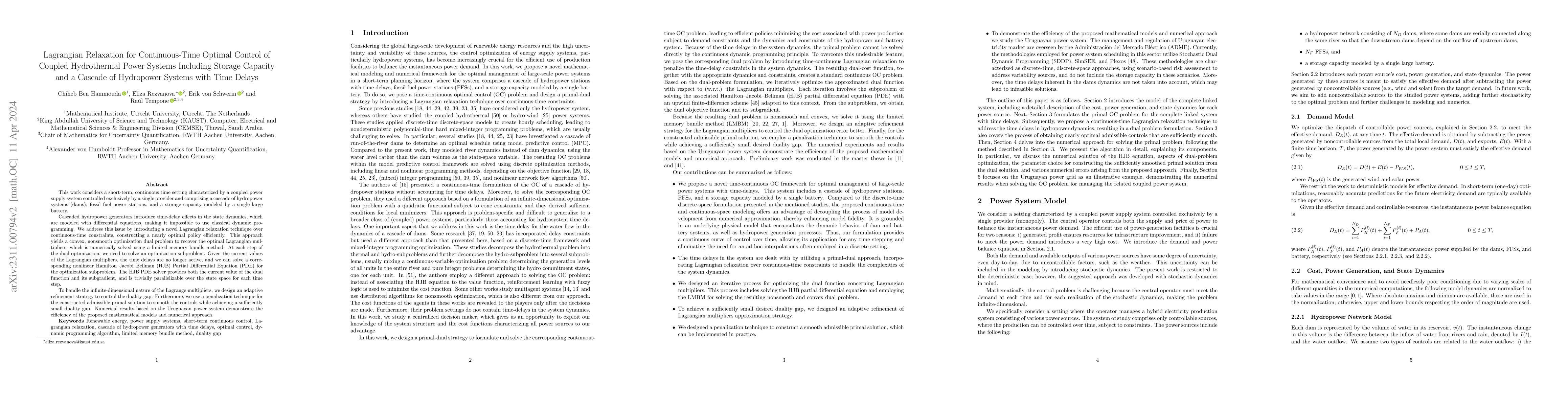 Thumbnail for Lagrangian Relaxation for Continuous-Time Optimal Control of Coupled
  Hydrothermal Power Systems Including Storage Capacity and a Cascade of
  Hydropower Systems with Time Delays