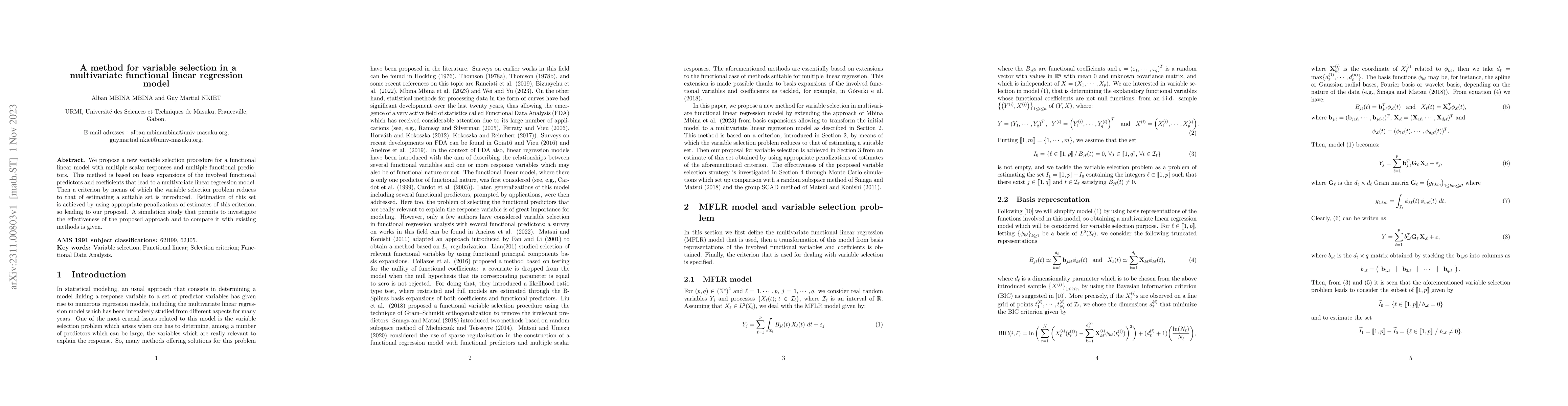 Thumbnail for A method for variable selection in a multivariate functional linear
  regression model