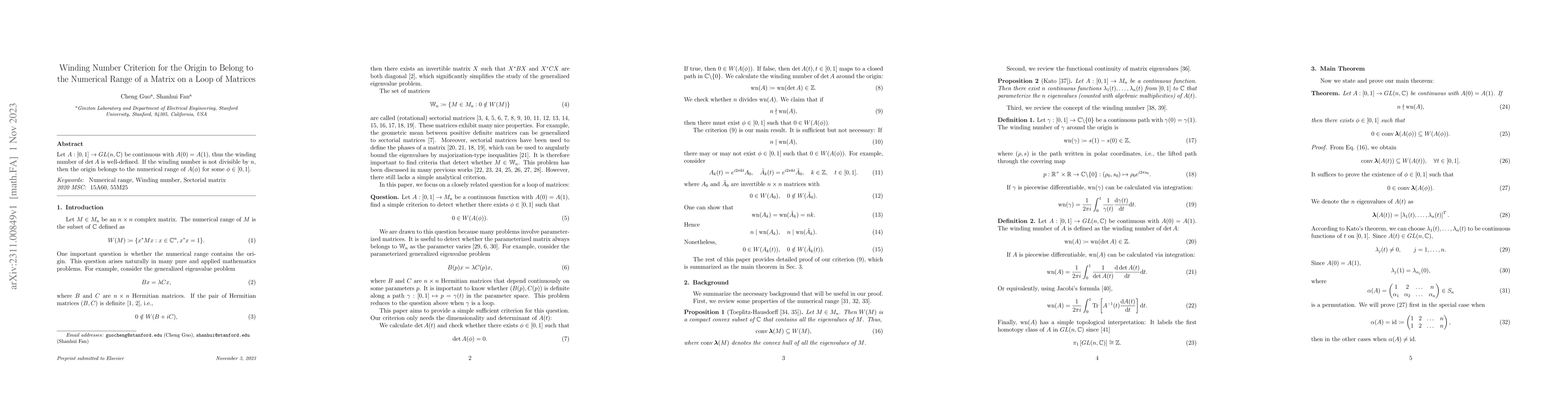 Thumbnail for Winding number criterion for the origin to belong to the numerical range
  of a matrix on a loop of matrices