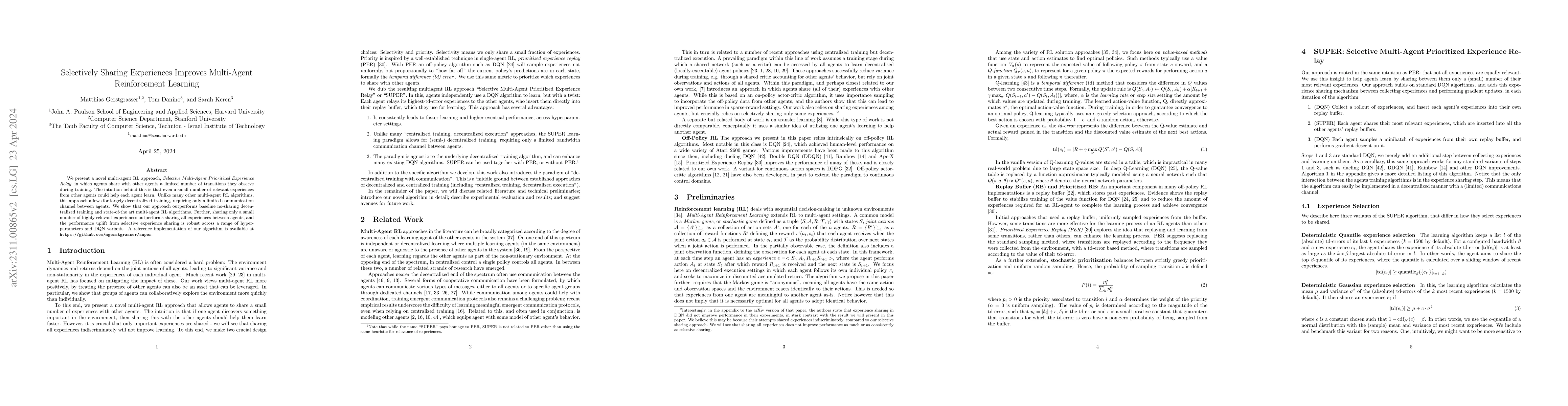 Thumbnail for Selectively Sharing Experiences Improves Multi-Agent Reinforcement
  Learning