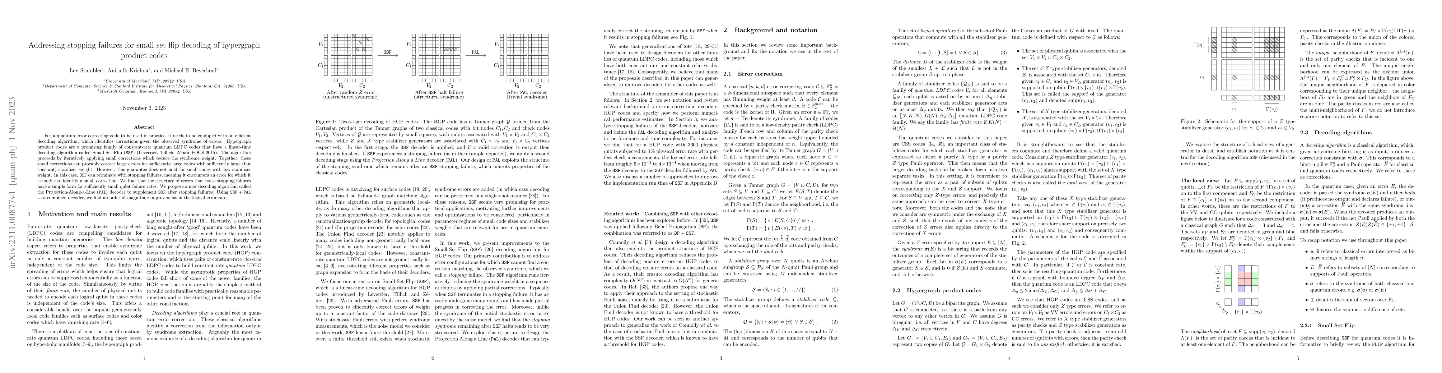 Thumbnail for Addressing Stopping Failures for Small Set Flip Decoding of Hypergraph
  Product Codes