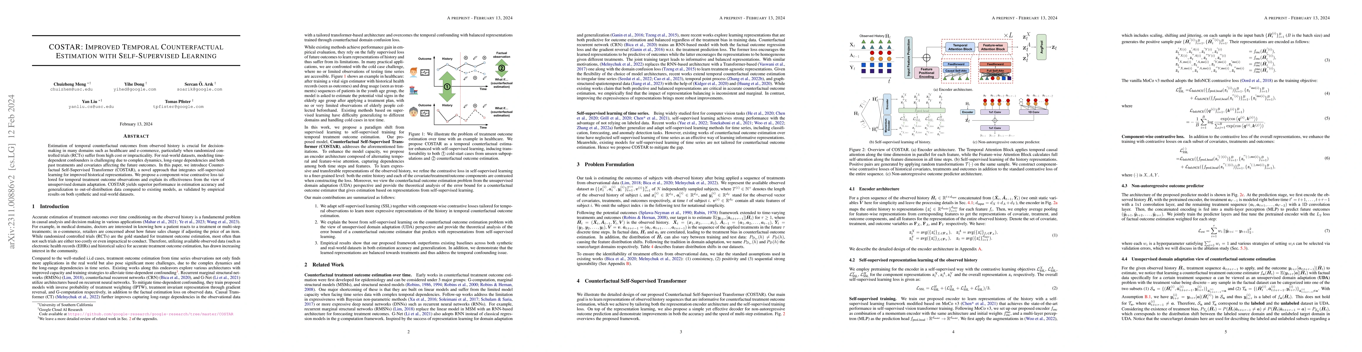 Thumbnail for COSTAR: Improved Temporal Counterfactual Estimation with Self-Supervised
  Learning