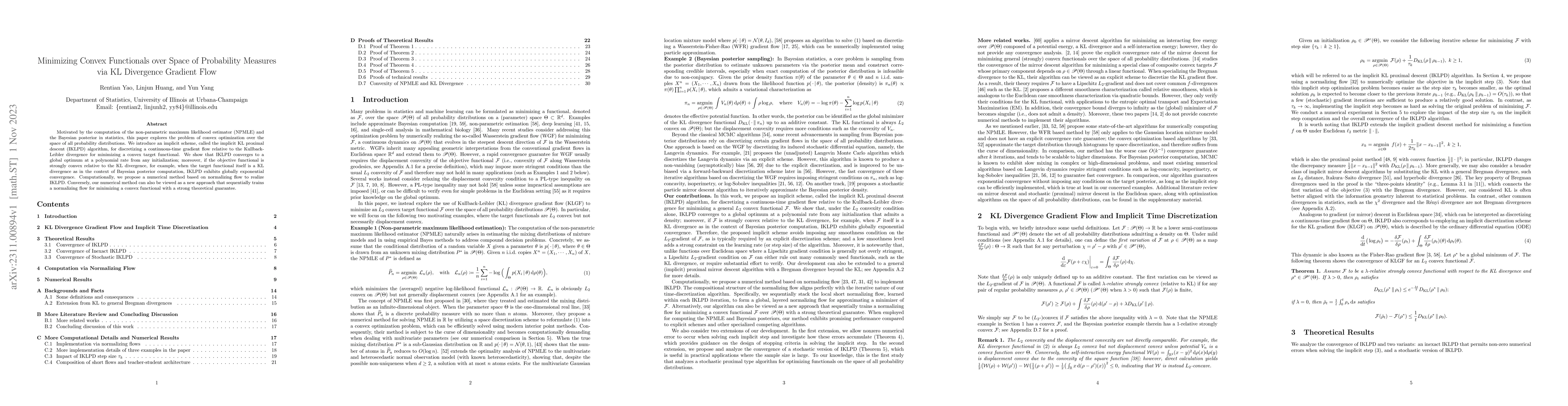 Thumbnail for Minimizing Convex Functionals over Space of Probability Measures via KL
  Divergence Gradient Flow