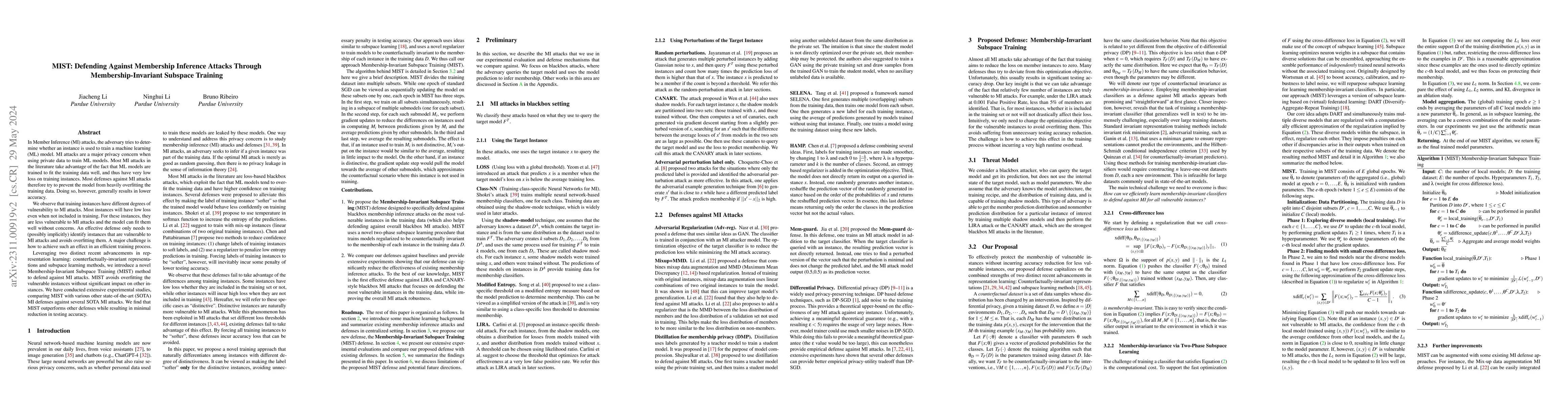 Thumbnail for MIST: Defending Against Membership Inference Attacks Through
  Membership-Invariant Subspace Training