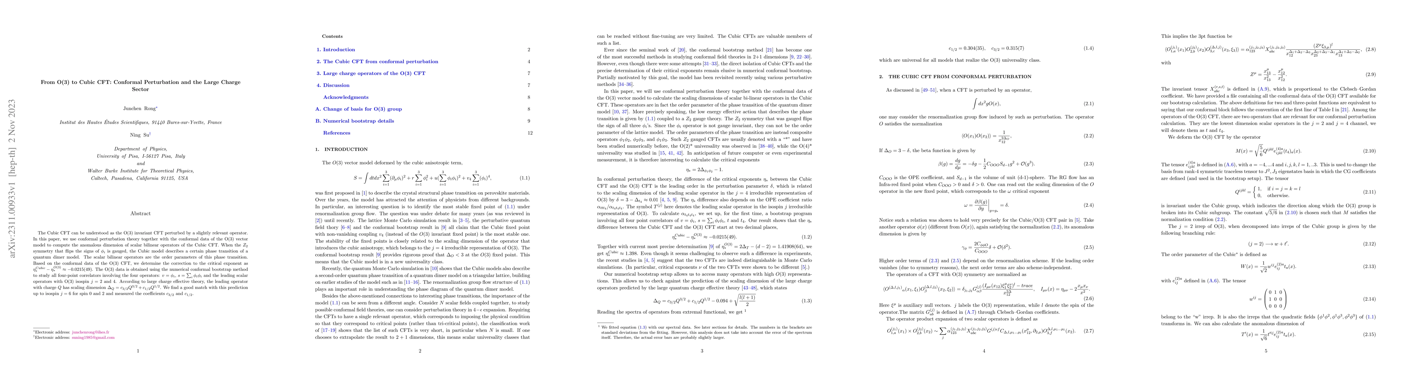 Thumbnail for From O(3) to Cubic CFT: Conformal Perturbation and the Large Charge
  Sector