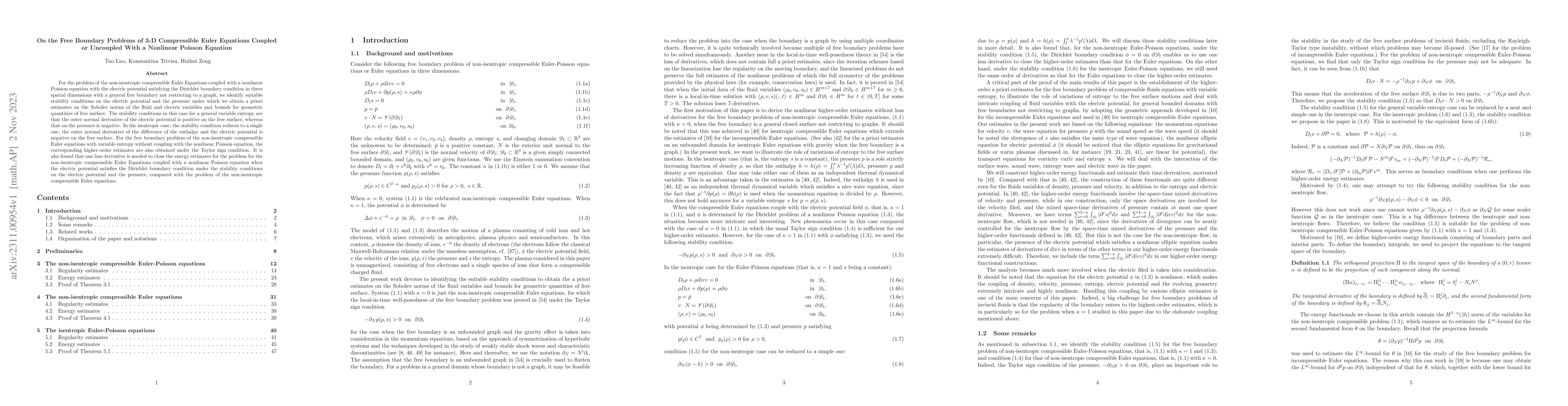 Thumbnail for On the Free Boundary Problems of 3-D Compressible Euler Equations
  Coupled or Uncoupled With a Nonlinear Poisson Equation