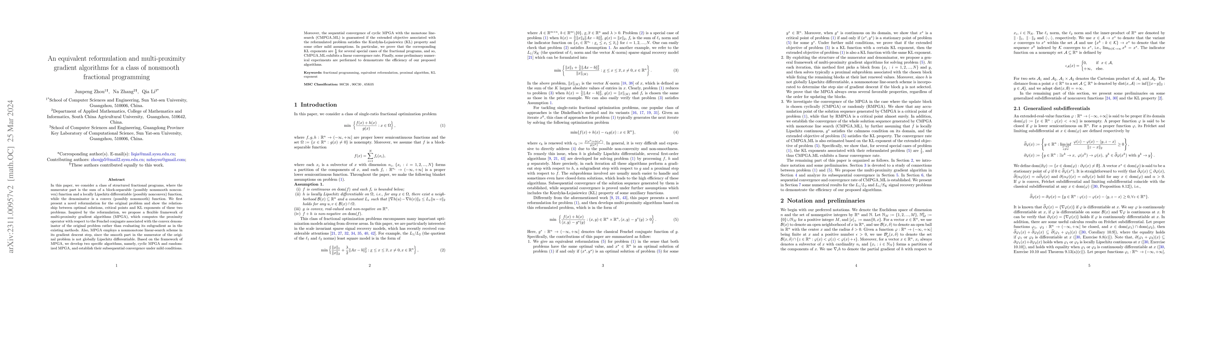 Thumbnail for An equivalent reformulation and multi-proximity gradient algorithms for
  a class of nonsmooth fractional programming