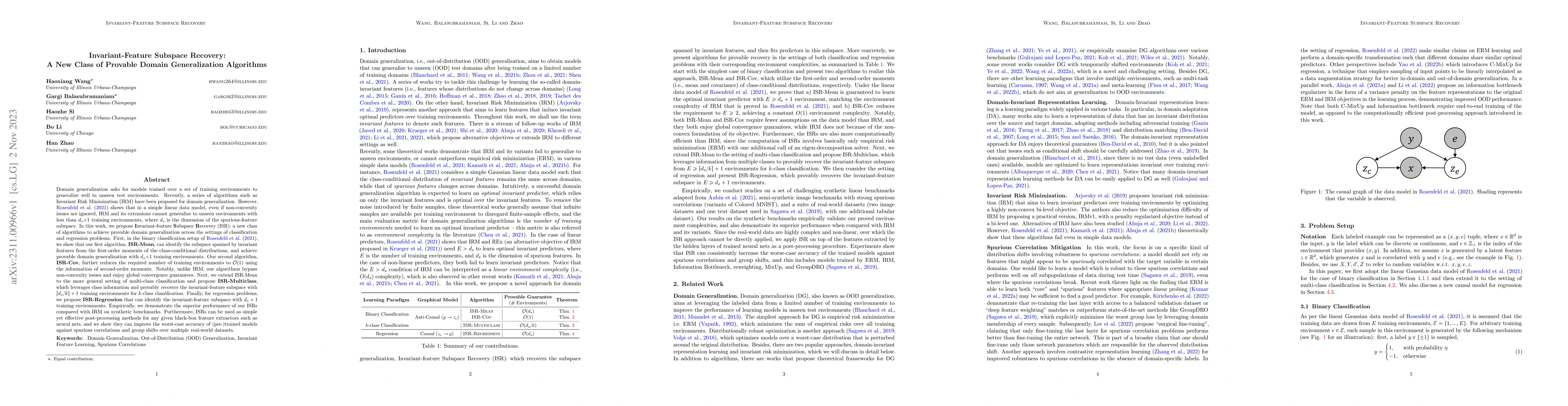 Thumbnail for Invariant-Feature Subspace Recovery: A New Class of Provable Domain
  Generalization Algorithms