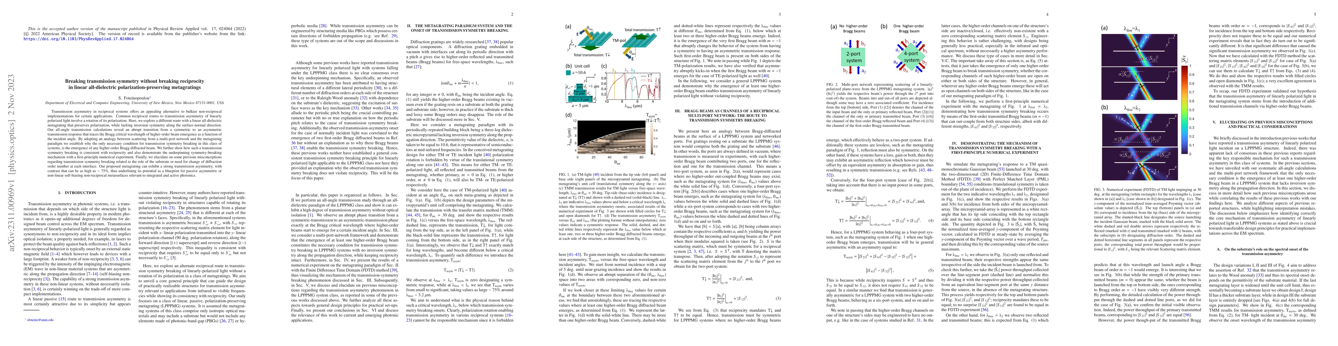 Thumbnail for Breaking transmission symmetry without breaking reciprocity in linear
  all-dielectric polarization-preserving metagratings