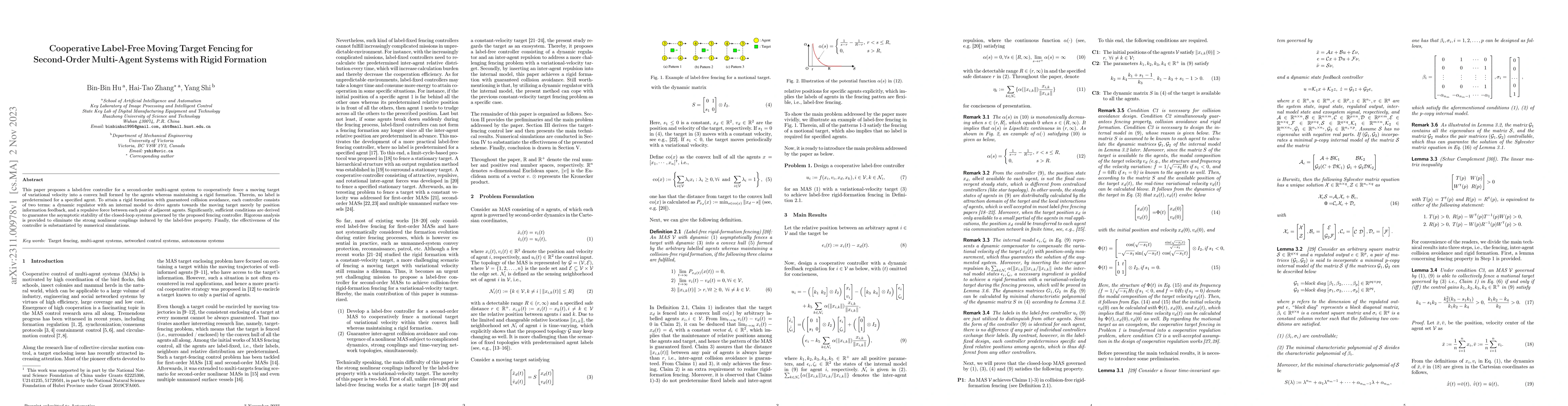 Thumbnail for Cooperative Label-Free Moving Target Fencing for Second-Order
  Multi-Agent Systems with Rigid Formation