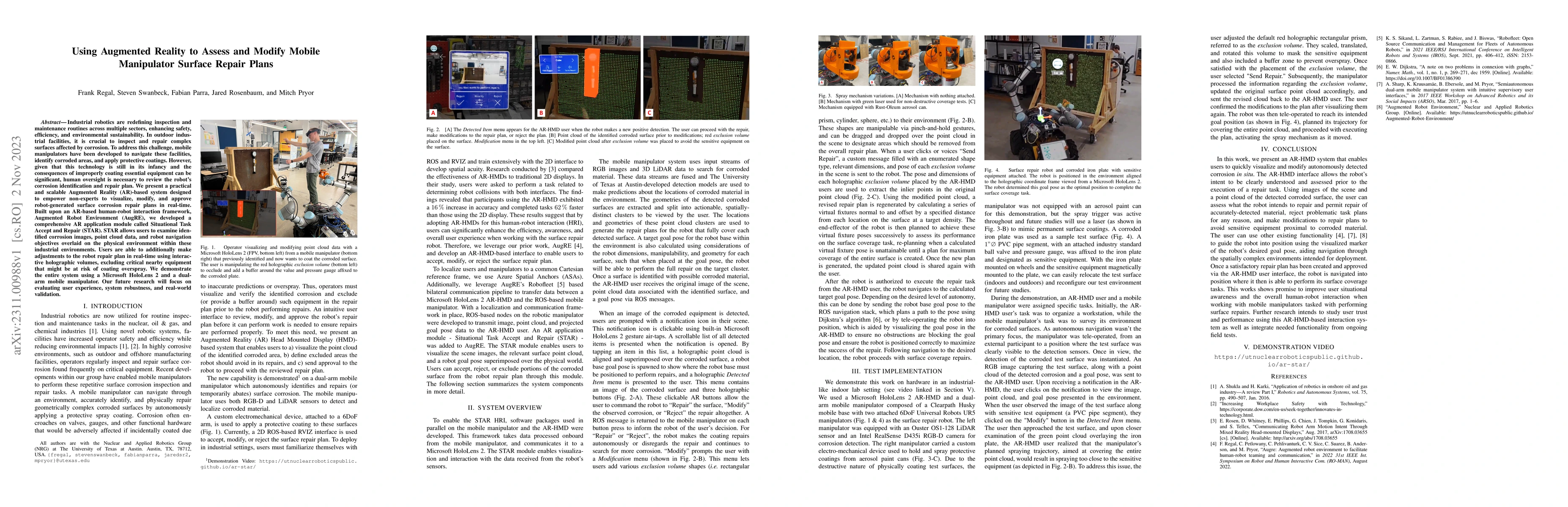 Thumbnail for Using Augmented Reality to Assess and Modify Mobile Manipulator Surface
  Repair Plans