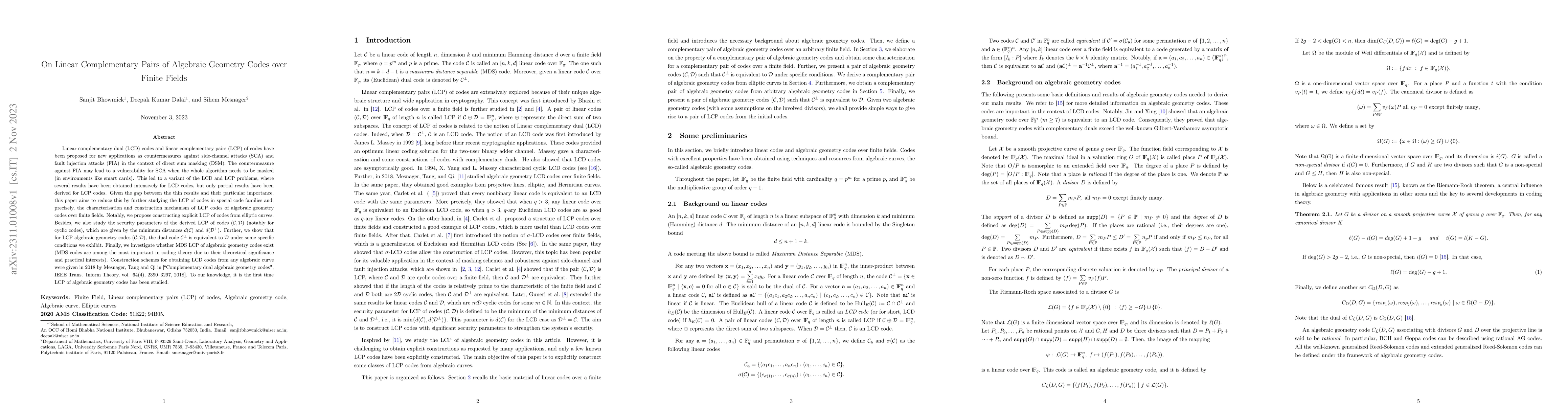 Thumbnail for On Linear Complementary Pairs of Algebraic Geometry Codes over Finite
  Fields