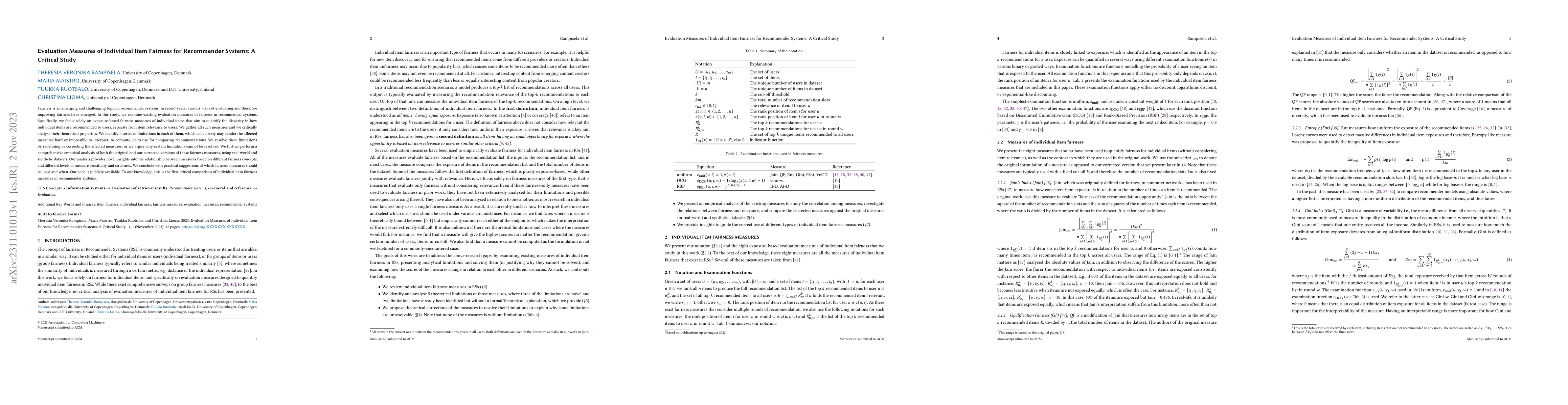 Thumbnail for Evaluation Measures of Individual Item Fairness for Recommender Systems:
  A Critical Study