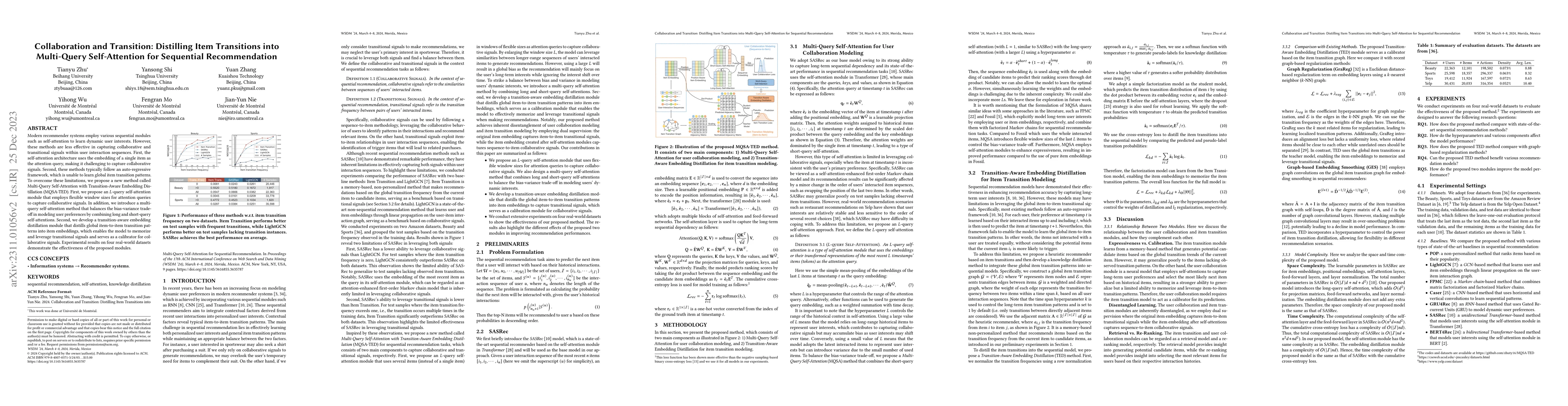 Thumbnail for Collaboration and Transition: Distilling Item Transitions into
  Multi-Query Self-Attention for Sequential Recommendation