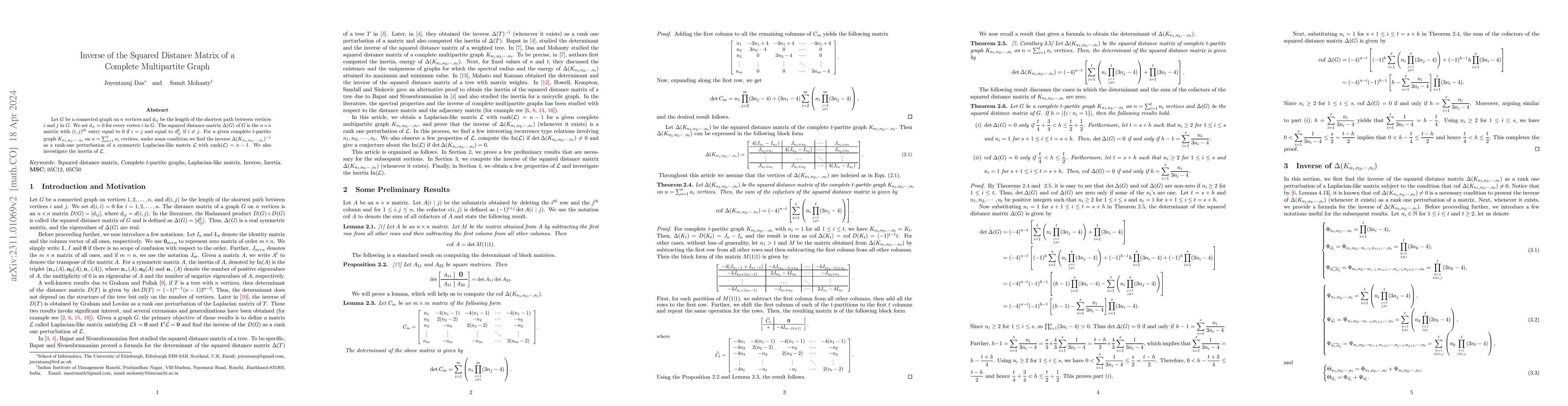 Thumbnail for Inverse of the Squared Distance Matrix of a Complete Multipartite Graph