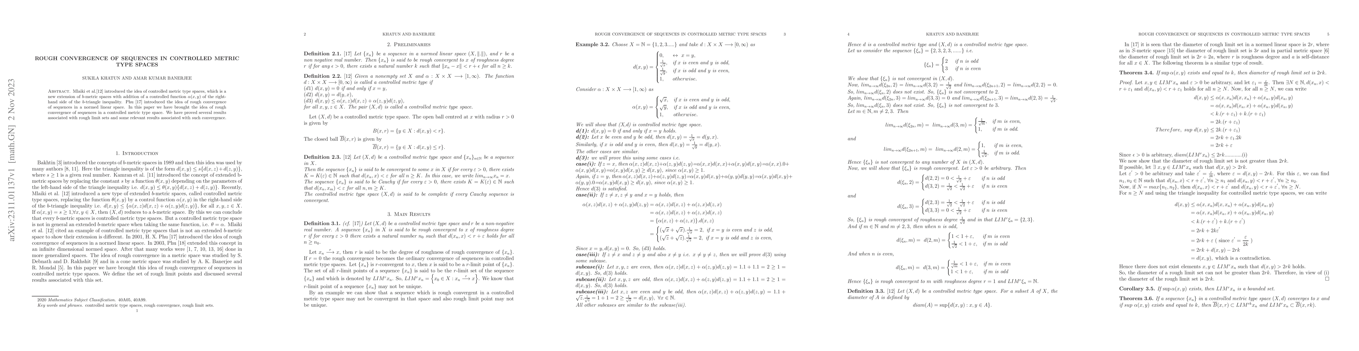 Thumbnail for Rough convergence of sequences in Controlled Metric Type Spaces