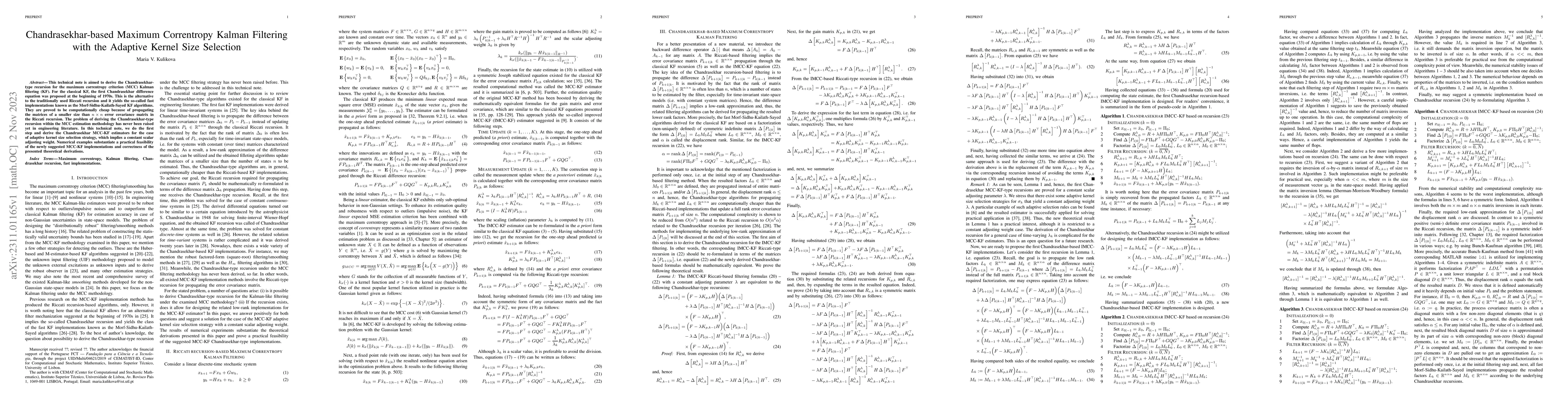 Thumbnail for Chandrasekhar-based maximum correntropy Kalman filtering with the
  adaptive kernel size selection