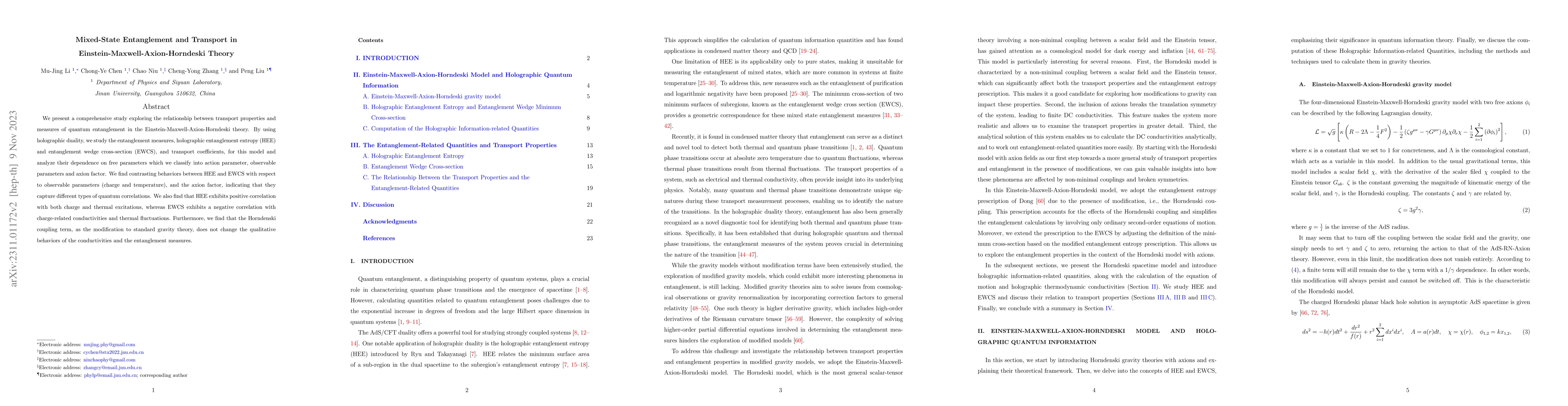 Thumbnail for Mixed-State Entanglement and Transport in
  Einstein-Maxwell-Axion-Horndeski Theory