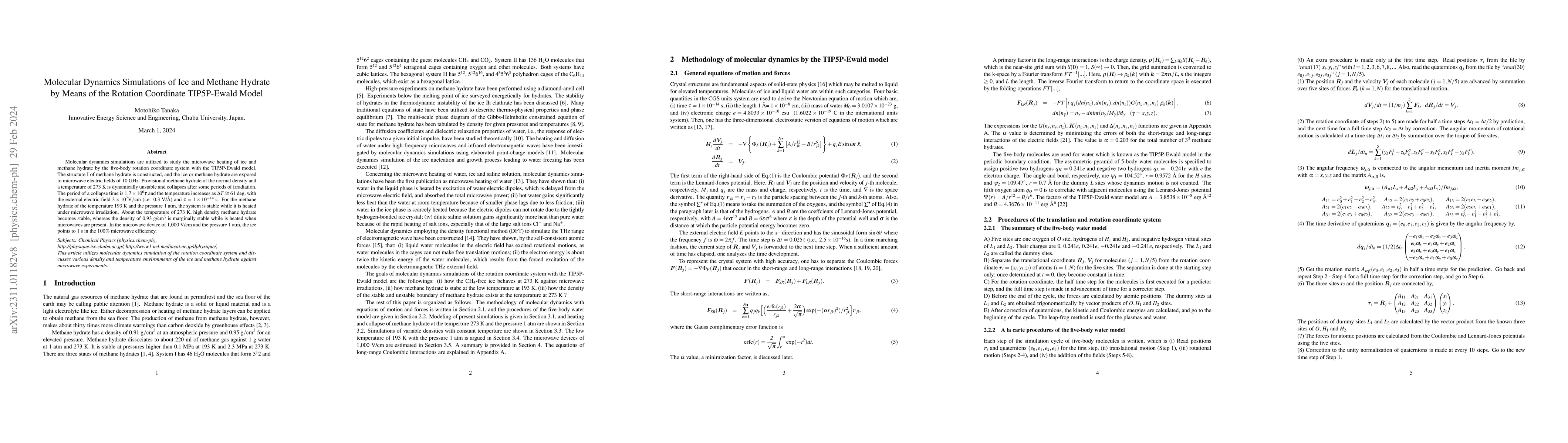 Thumbnail for Molecular dynamics simulations of ice and methane hydrate by means of
  the rotation coordinate TIP5P-Ewald model