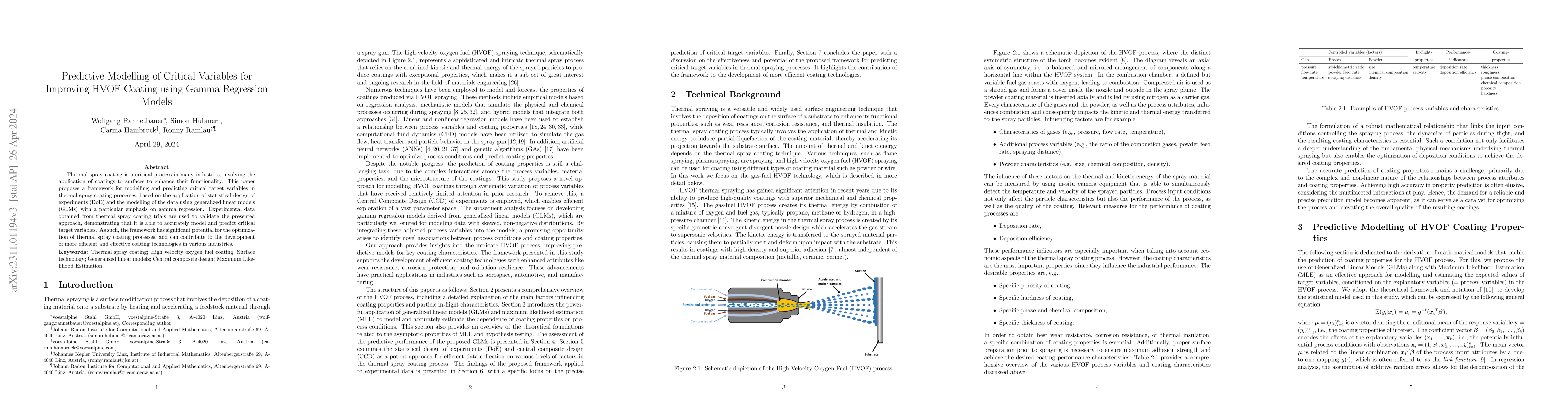 Thumbnail for Predictive Modelling of Critical Variables for Improving HVOF Coating
  using Gamma Regression Models