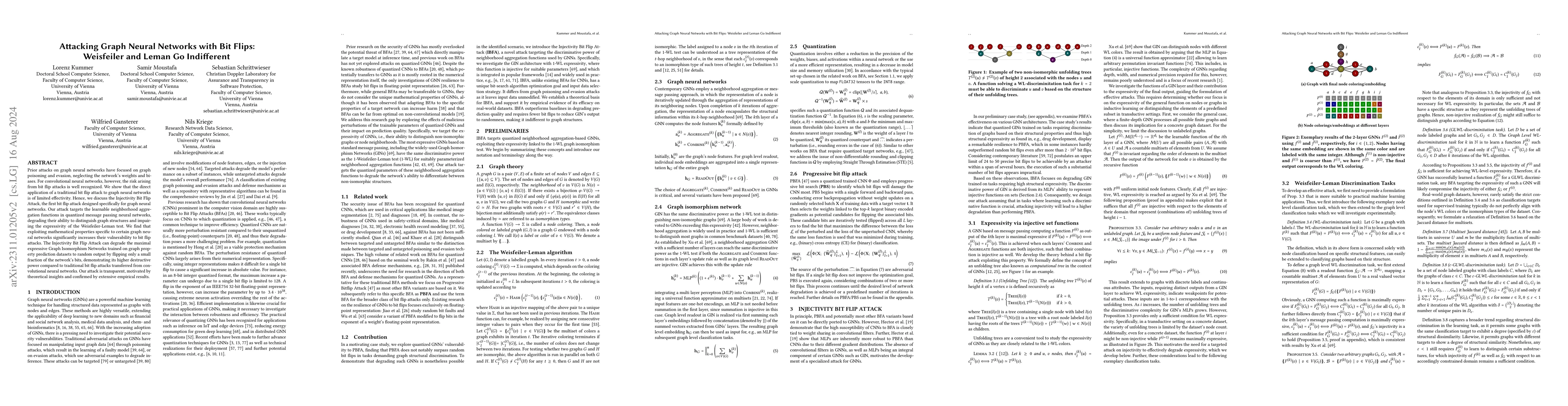 Thumbnail for Attacking Graph Neural Networks with Bit Flips: Weisfeiler and Lehman Go
  Indifferent