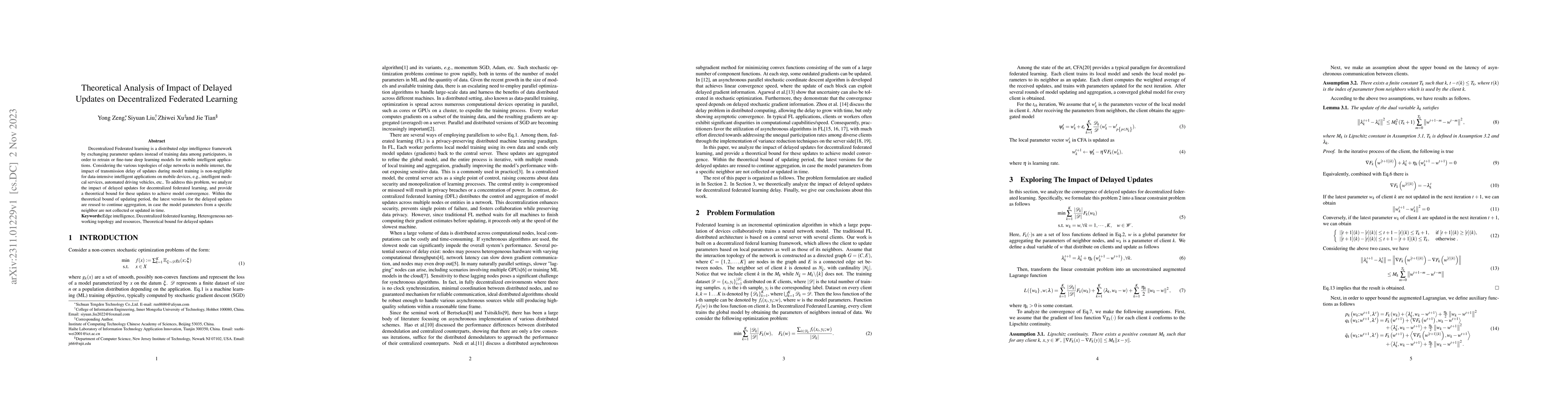 Thumbnail for Theoretical Analysis of Impact of Delayed Updates on Decentralized
  Federated Learning