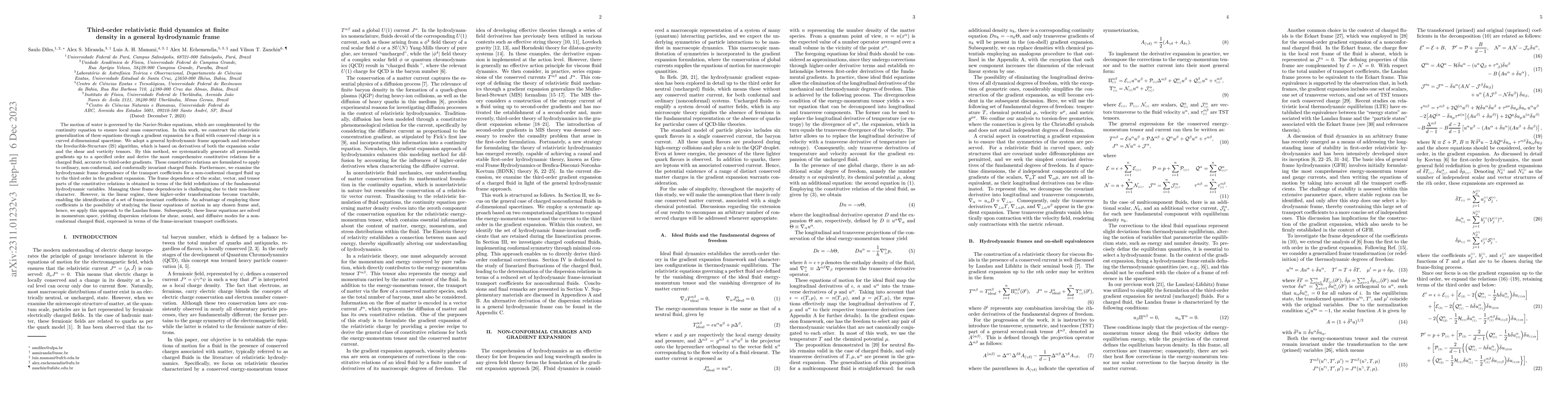 Thumbnail for Third-order relativistic fluid dynamics at finite density in a general
  hydrodynamic frame