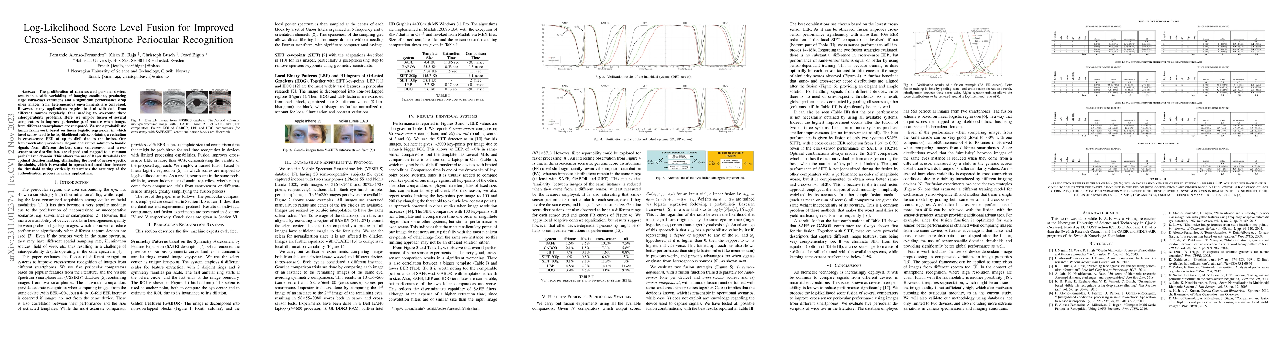 Thumbnail for Log-Likelihood Score Level Fusion for Improved Cross-Sensor Smartphone
  Periocular Recognition