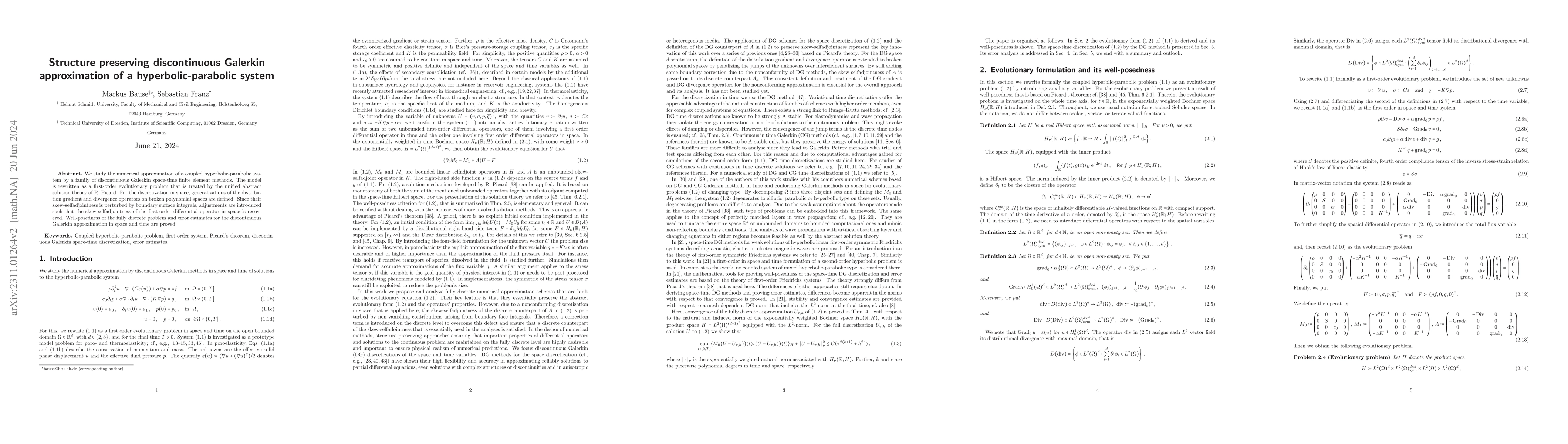 Thumbnail for Structure preserving discontinuous Galerkin approximation of a
  hyperbolic-parabolic system